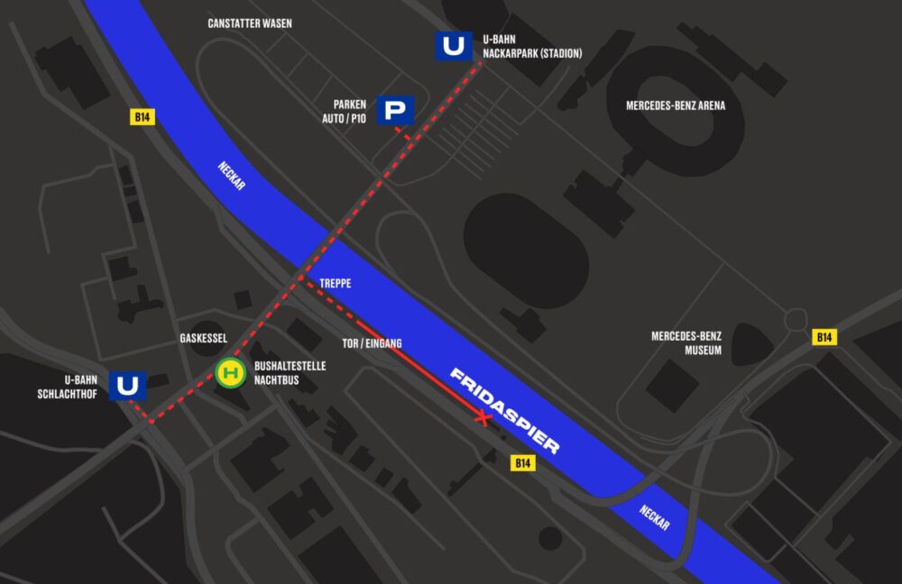 Grafische Wegbeschreibung zu Fridas Pier in Stuttgart – Anfahrt und Orientierung am Neckar